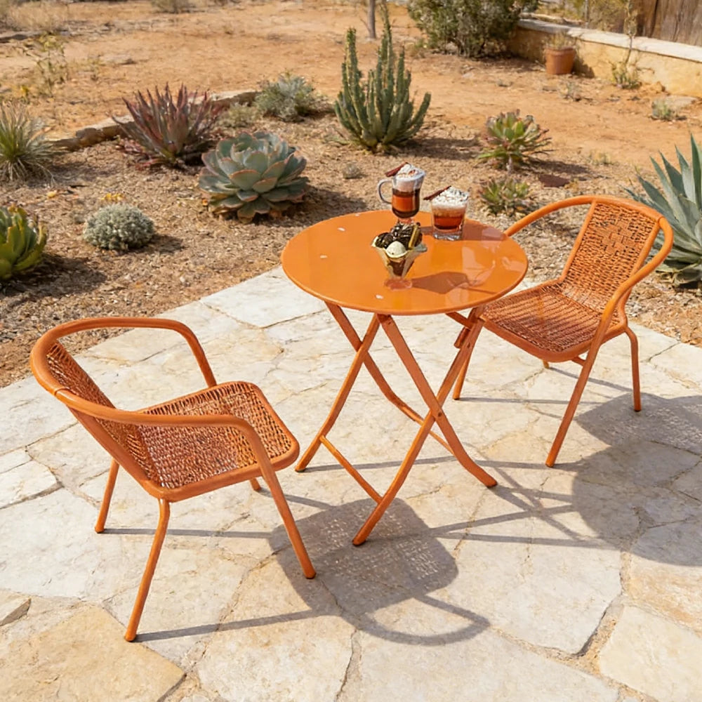 SOLARA 60cm Folding Round Table and 2 Chairs Set - Space-Saving Foldable Design, Durable Powder-Coated Iron Frame, Patio Balcony Café Dining Set