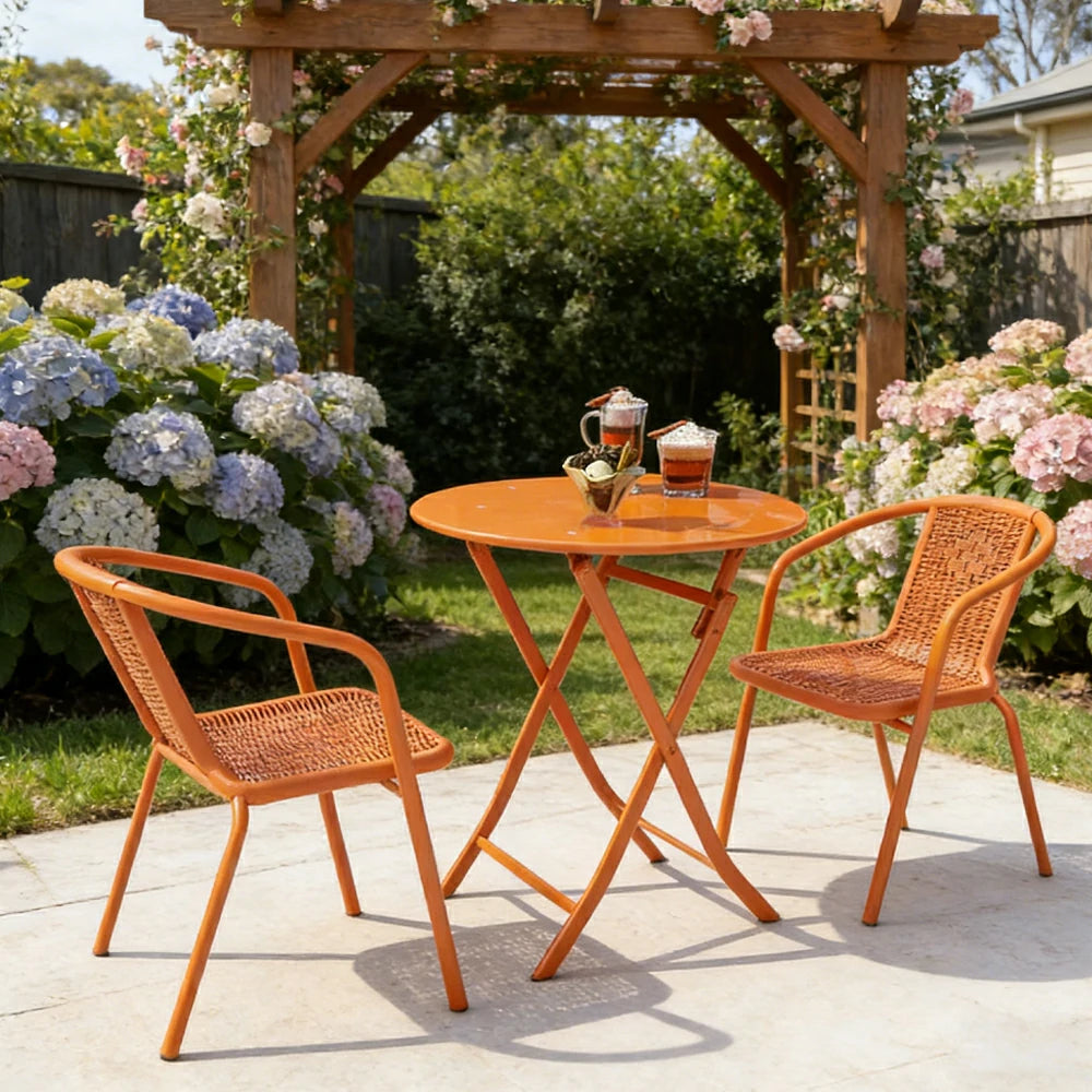 SOLARA 60cm Folding Round Table and 2 Chairs Set - Space-Saving Foldable Design, Durable Powder-Coated Iron Frame, Patio Balcony Café Dining Set