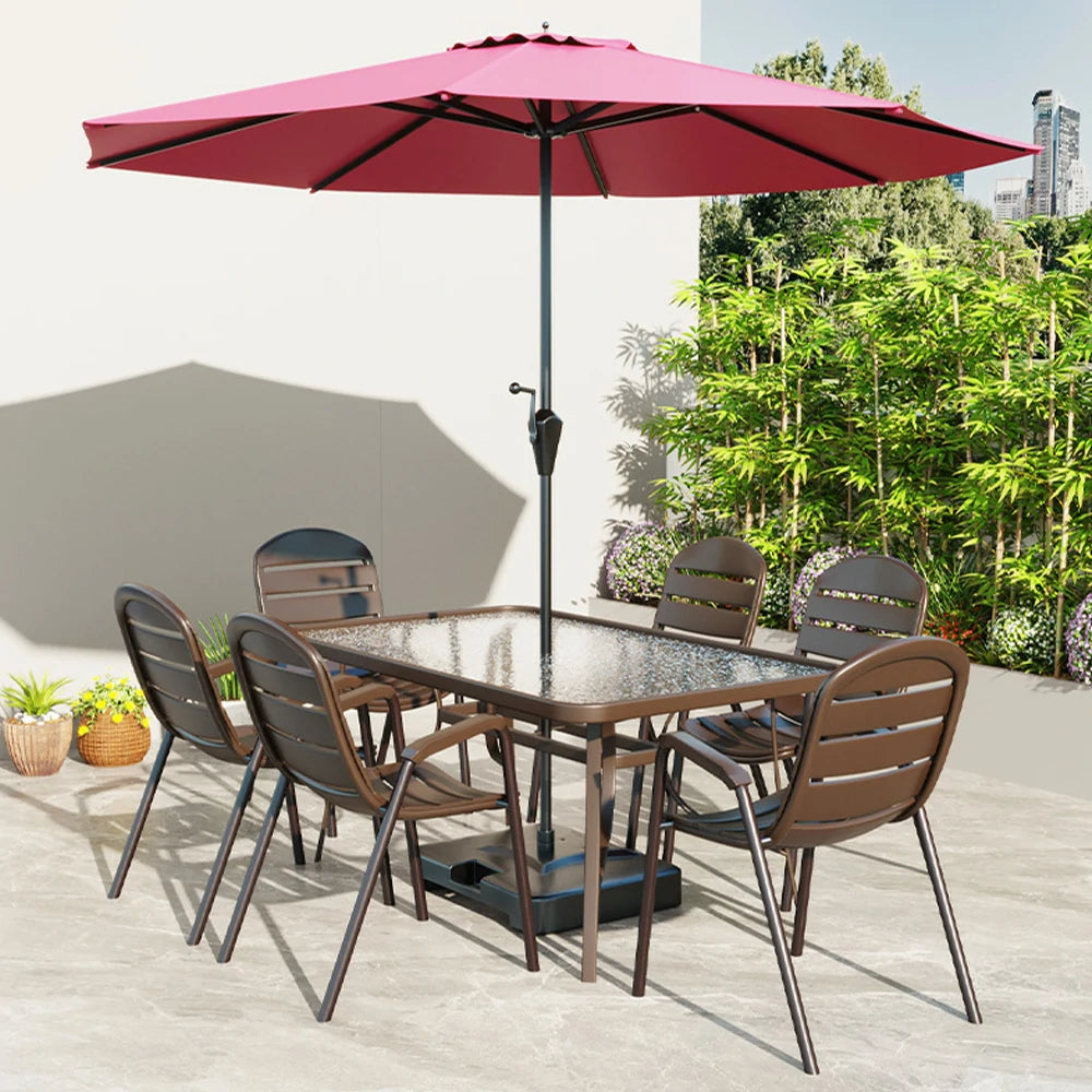 SOLARA Outdoor Table & Chair Set with Umbrella – Square Tempered Glass Table, Breathable Teslin Chairs, Sturdy Steel Frame - Walnut