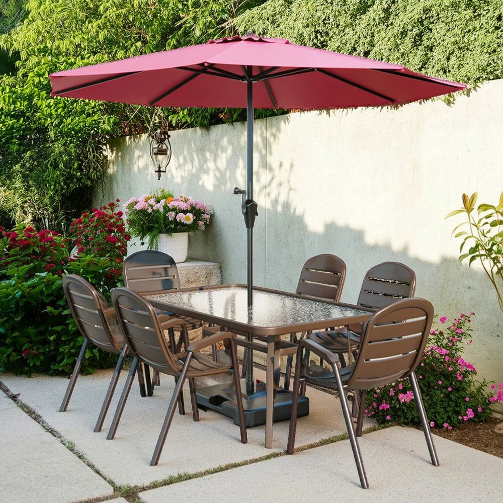 SOLARA Outdoor Table & Chair Set with Umbrella – Square Tempered Glass Table, Breathable Teslin Chairs, Sturdy Steel Frame - Walnut