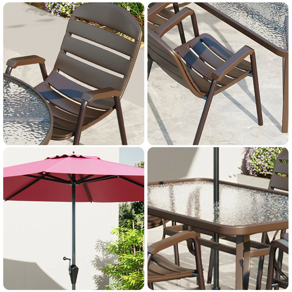 SOLARA Outdoor Table & Chair Set with Umbrella – Square Tempered Glass Table, Breathable Teslin Chairs, Sturdy Steel Frame - Walnut