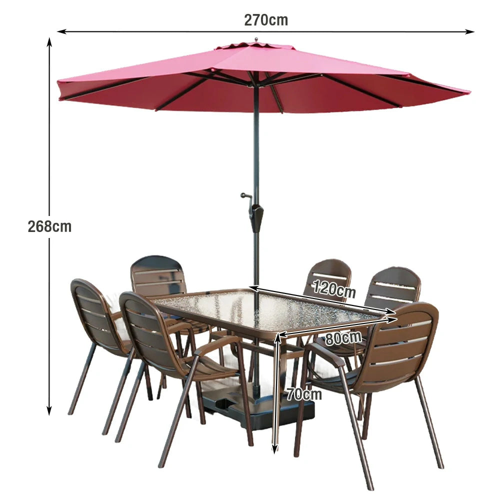 SOLARA Outdoor Table & Chair Set with Umbrella – Square Tempered Glass Table, Breathable Teslin Chairs, Sturdy Steel Frame - Walnut