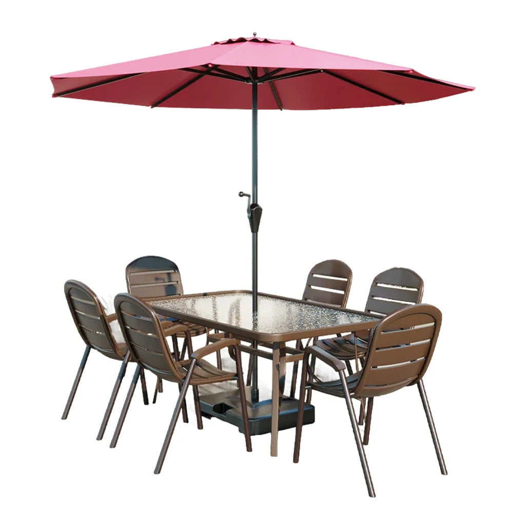 SOLARA Outdoor Table & Chair Set with Umbrella – Square Tempered Glass Table, Breathable Teslin Chairs, Sturdy Steel Frame - Walnut