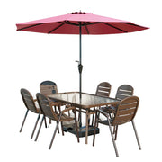 SOLARA Outdoor Table & Chair Set with Umbrella – Square Tempered Glass Table, Breathable Teslin Chairs, Sturdy Steel Frame - Walnut