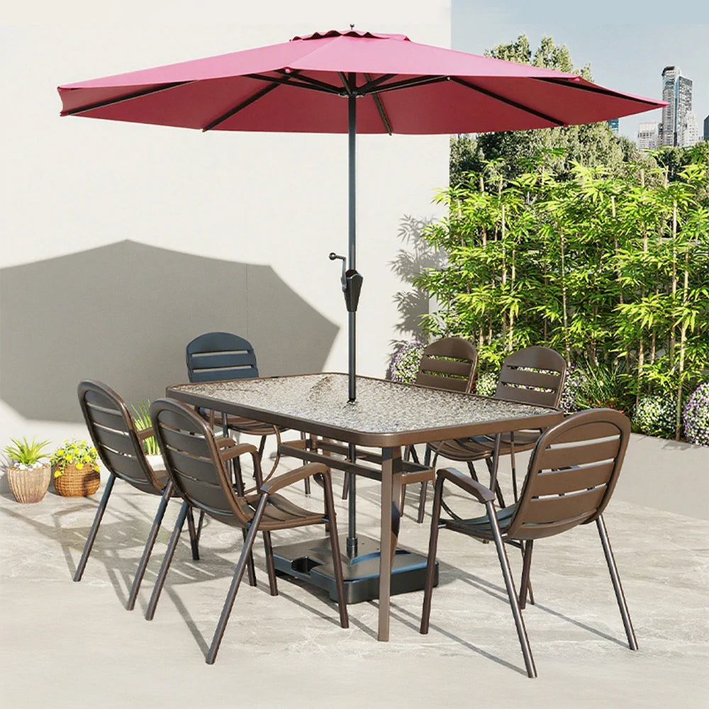 SOLARA Outdoor Table & Chair Set with Umbrella – Round Tempered Glass Table, Breathable Teslin Chairs, Sturdy Steel Frame - Walnut