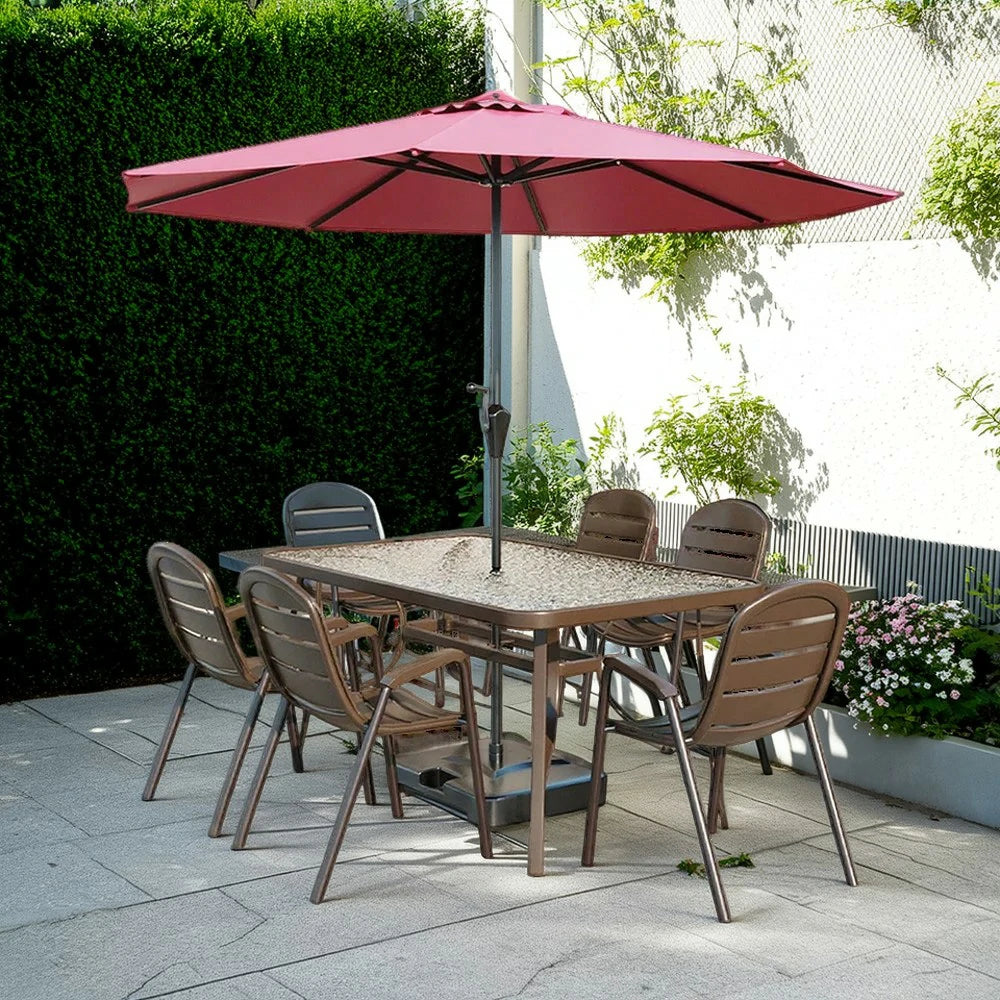 SOLARA Outdoor Table & Chair Set with Umbrella – Round Tempered Glass Table, Breathable Teslin Chairs, Sturdy Steel Frame - Walnut