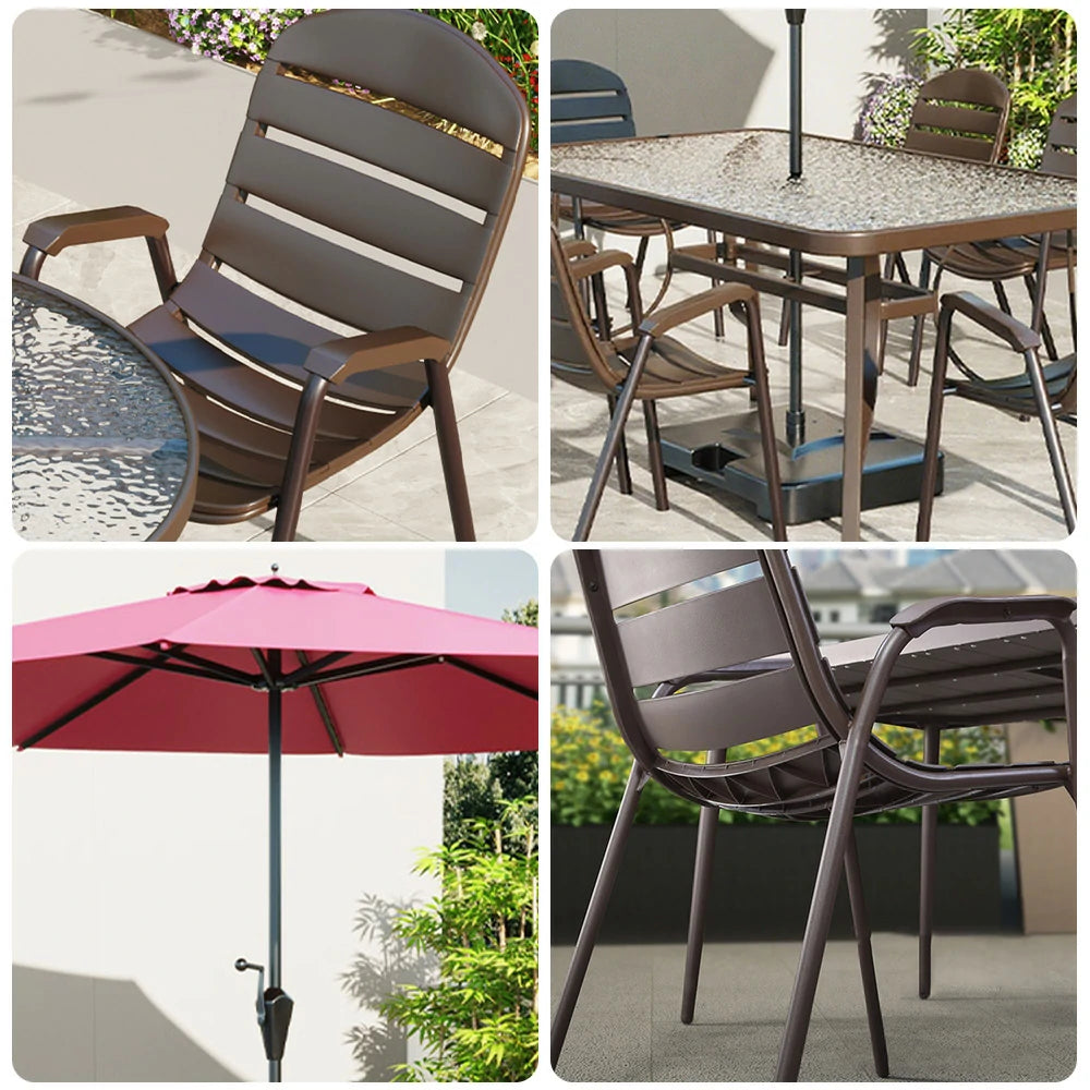 SOLARA Outdoor Table & Chair Set with Umbrella – Round Tempered Glass Table, Breathable Teslin Chairs, Sturdy Steel Frame - Walnut