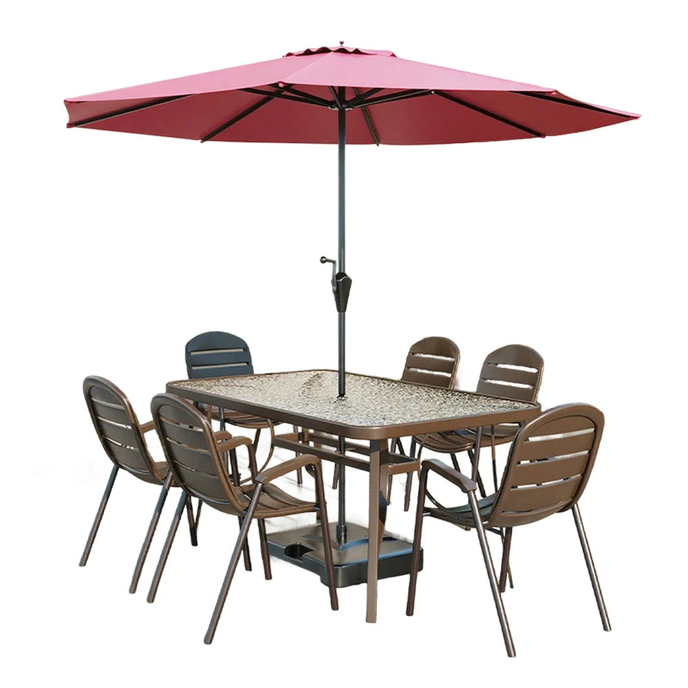 SOLARA Outdoor Table & Chair Set with Umbrella – Round Tempered Glass Table, Breathable Teslin Chairs, Sturdy Steel Frame - Walnut