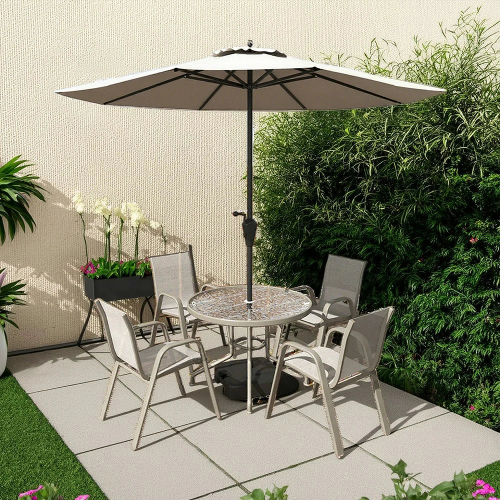 SOLARA Outdoor Table & Chair Set with Umbrella – Round Tempered Glass Table, Breathable Teslin Chairs, Sturdy Steel Frame - Khaki
