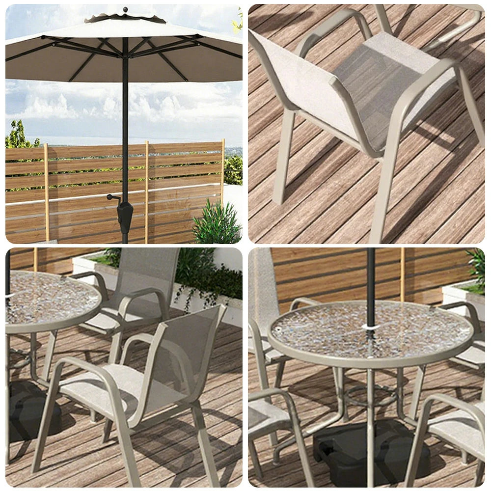 SOLARA Outdoor Table & Chair Set with Umbrella – Round Tempered Glass Table, Breathable Teslin Chairs, Sturdy Steel Frame - Khaki