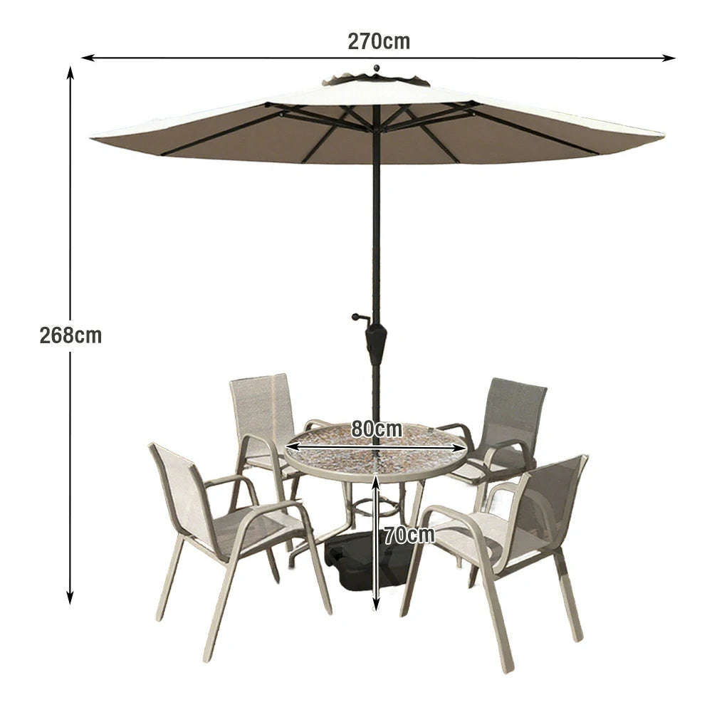 SOLARA Outdoor Table & Chair Set with Umbrella – Round Tempered Glass Table, Breathable Teslin Chairs, Sturdy Steel Frame - Khaki