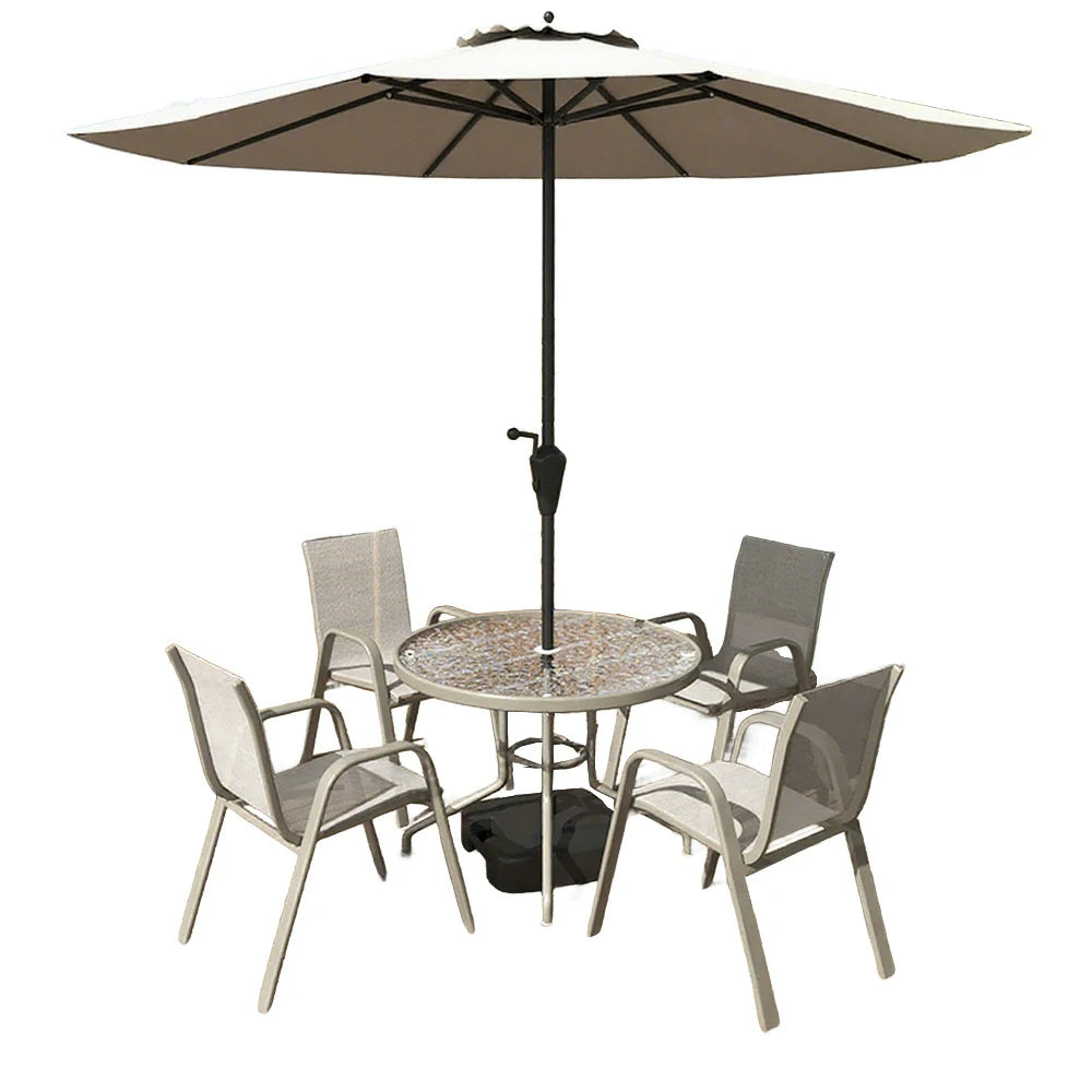 SOLARA Outdoor Table & Chair Set with Umbrella – Round Tempered Glass Table, Breathable Teslin Chairs, Sturdy Steel Frame - Khaki