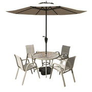 SOLARA Outdoor Table & Chair Set with Umbrella – Round Tempered Glass Table, Breathable Teslin Chairs, Sturdy Steel Frame - Khaki