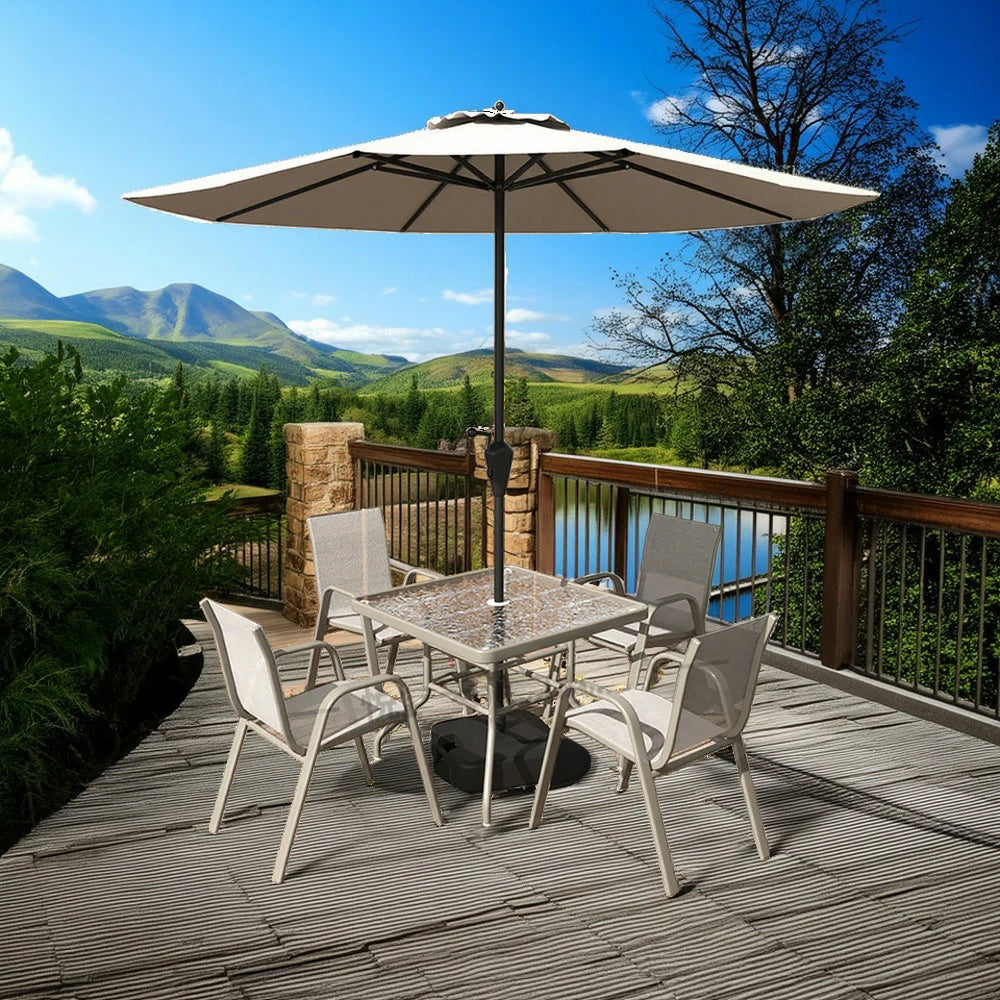 SOLARA Outdoor Table & Chair Set with Umbrella – Square Tempered Glass Table, Breathable Teslin Chairs, Sturdy Steel Frame - Khaki