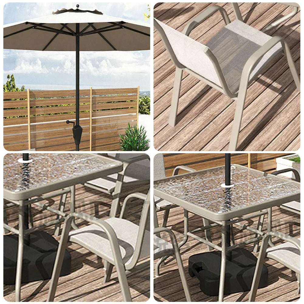 SOLARA Outdoor Table & Chair Set with Umbrella – Square Tempered Glass Table, Breathable Teslin Chairs, Sturdy Steel Frame - Khaki