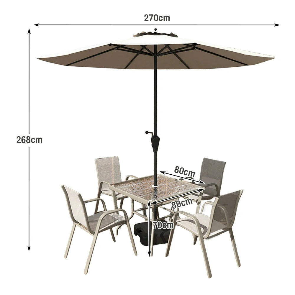 SOLARA Outdoor Table & Chair Set with Umbrella – Square Tempered Glass Table, Breathable Teslin Chairs, Sturdy Steel Frame - Khaki