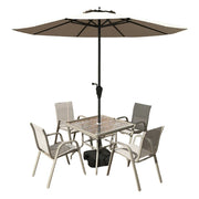 SOLARA Outdoor Table & Chair Set with Umbrella – Square Tempered Glass Table, Breathable Teslin Chairs, Sturdy Steel Frame - Khaki