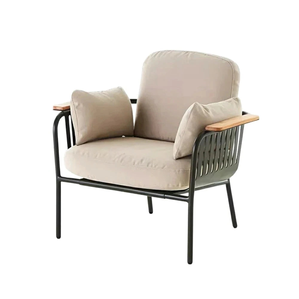 SOLARA Outdoor Aluminium Single Sofa Chair - Teak Armrests, Waterproof UV-Resistant Cushions, Powder-Coated Frame for Patio Garden Use - Beige