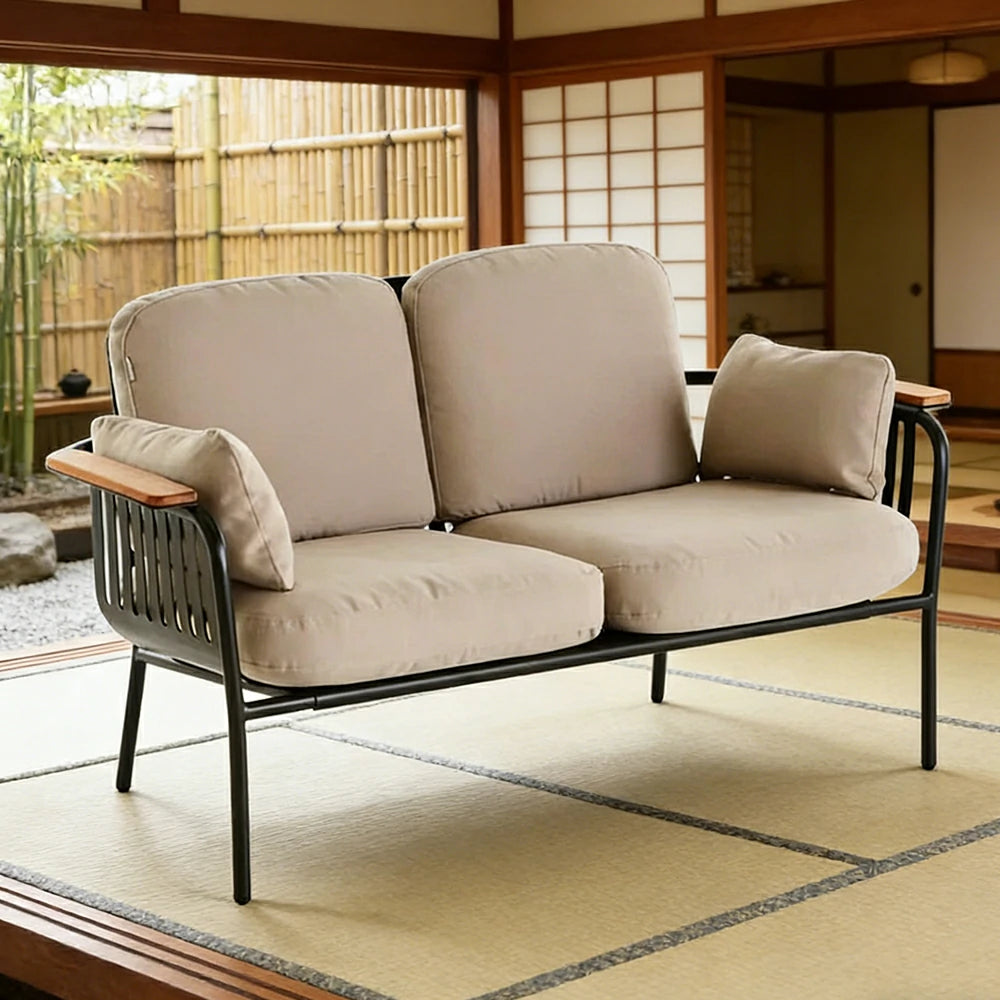 SOLARA Outdoor 2-Seater Sofa - Aluminium Alloy Frame with Teak Armrests, Waterproof UV-Resistant Cushions, Deep Comfort Patio Lounge - Beige