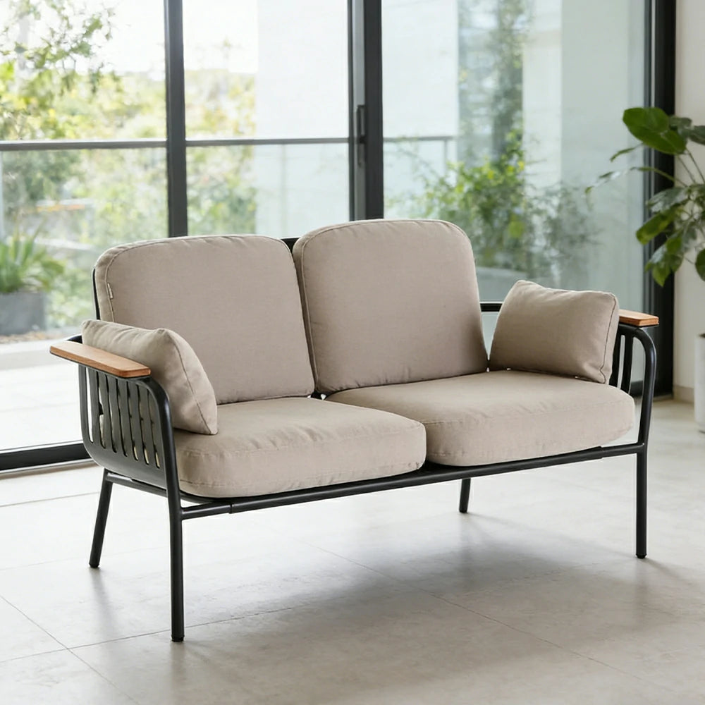 SOLARA Outdoor 2-Seater Sofa - Aluminium Alloy Frame with Teak Armrests, Waterproof UV-Resistant Cushions, Deep Comfort Patio Lounge - Beige