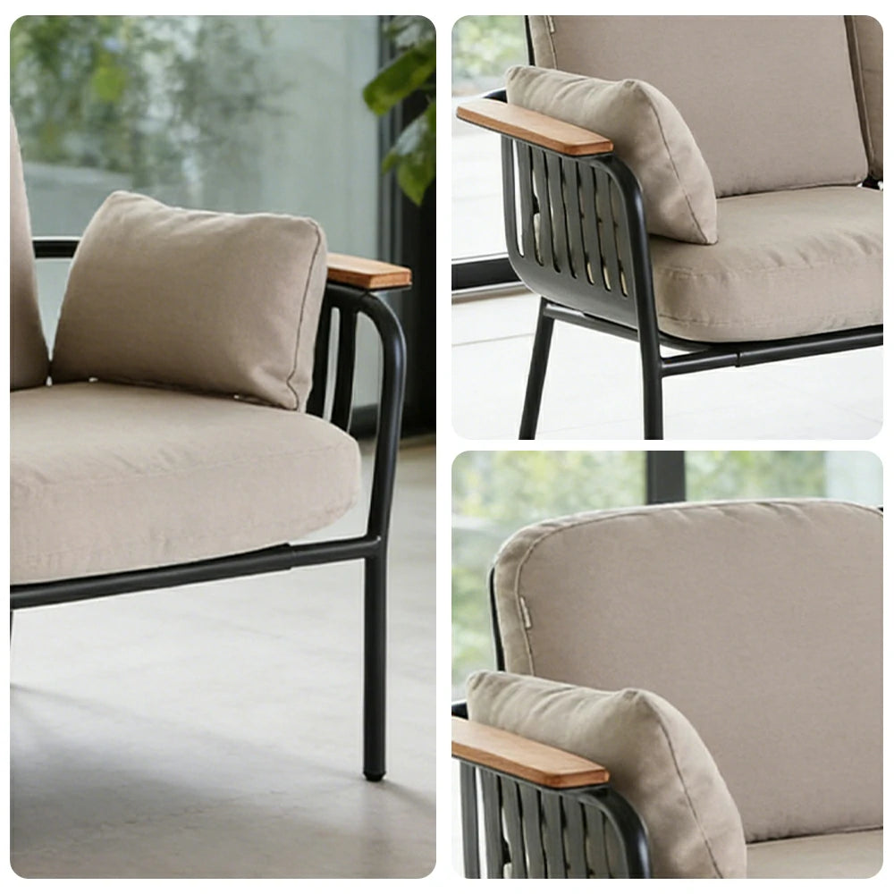 SOLARA Outdoor 2-Seater Sofa - Aluminium Alloy Frame with Teak Armrests, Waterproof UV-Resistant Cushions, Deep Comfort Patio Lounge - Beige