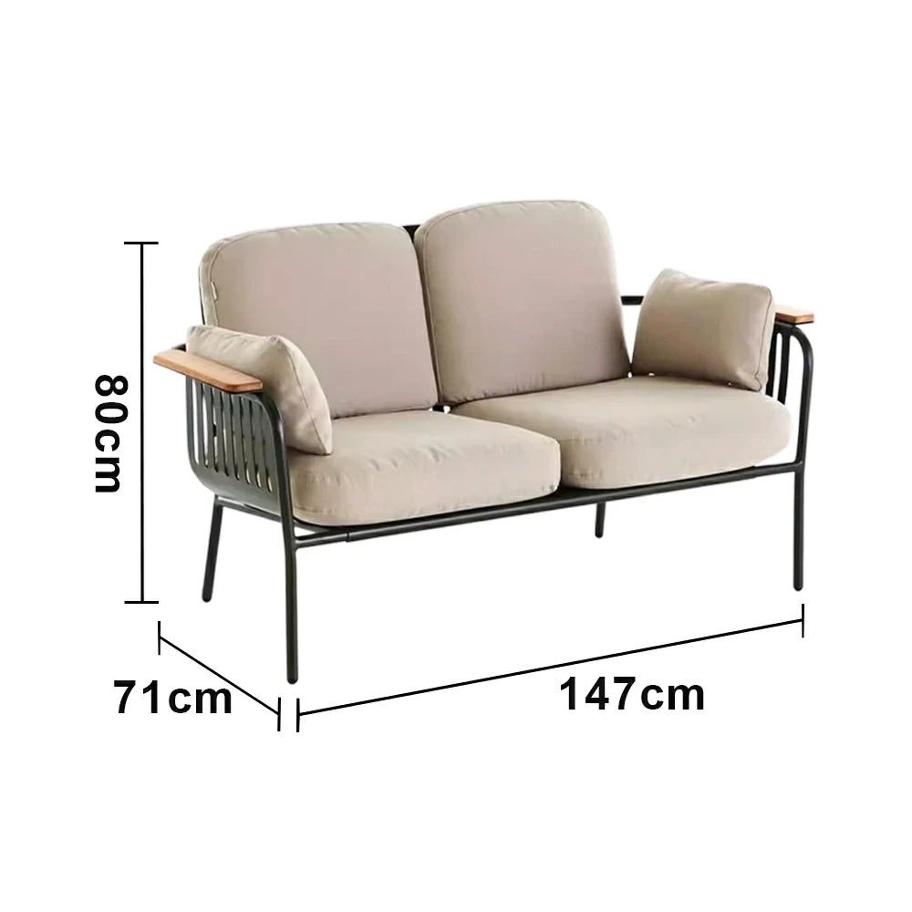 SOLARA Outdoor 2-Seater Sofa - Aluminium Alloy Frame with Teak Armrests, Waterproof UV-Resistant Cushions, Deep Comfort Patio Lounge - Beige