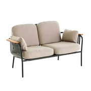 SOLARA Outdoor 2-Seater Sofa - Aluminium Alloy Frame with Teak Armrests, Waterproof UV-Resistant Cushions, Deep Comfort Patio Lounge - Beige