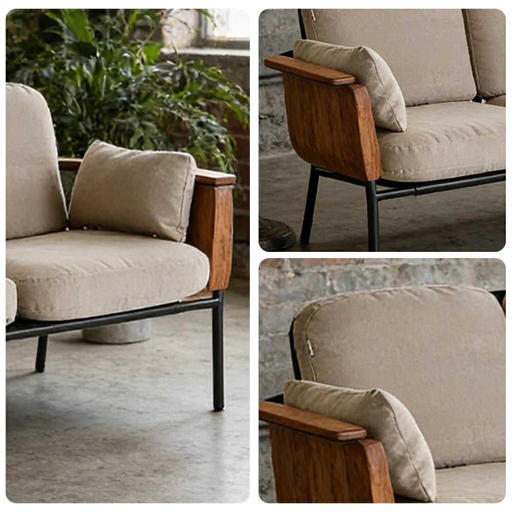 SOLARA Outdoor 3-Seater Sofa - Aluminium Alloy Frame with Teak Armrests, Waterproof UV-Resistant Cushions, Deep Comfort Patio Lounge - Beige