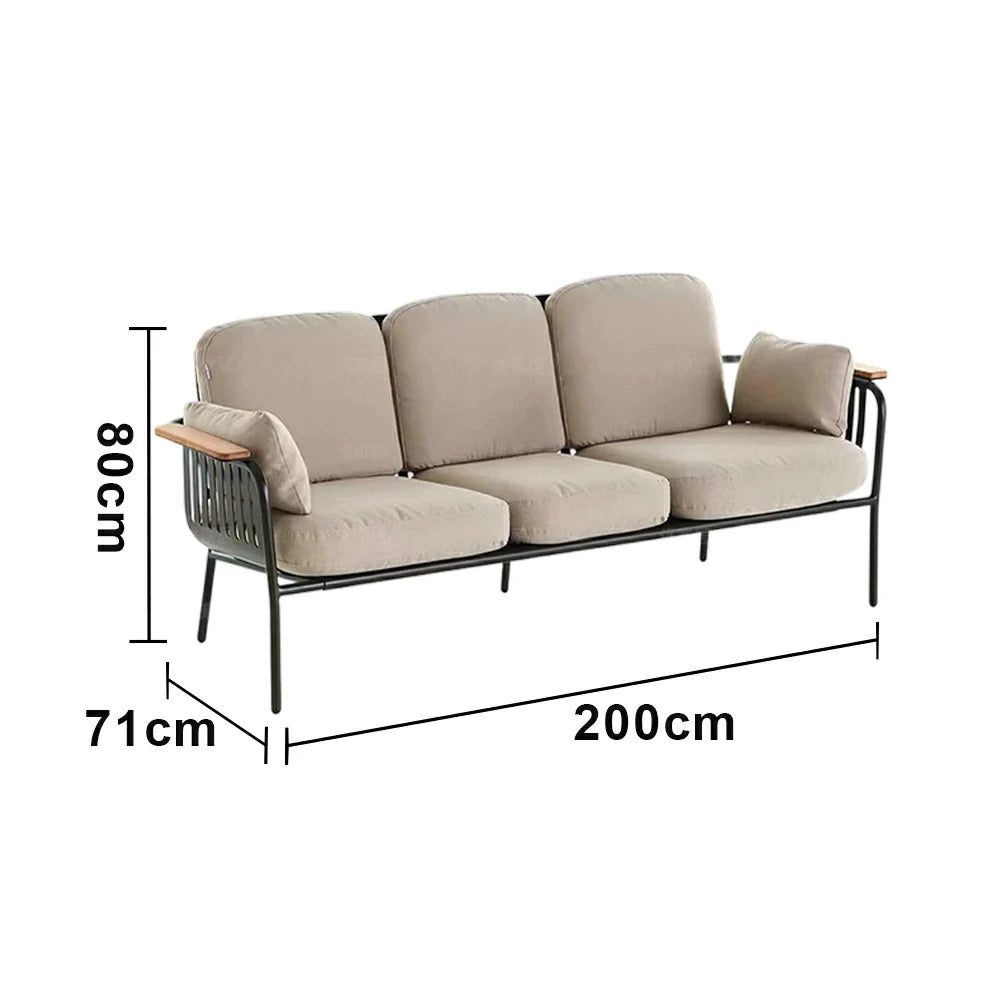 SOLARA Outdoor 3-Seater Sofa - Aluminium Alloy Frame with Teak Armrests, Waterproof UV-Resistant Cushions, Deep Comfort Patio Lounge - Beige
