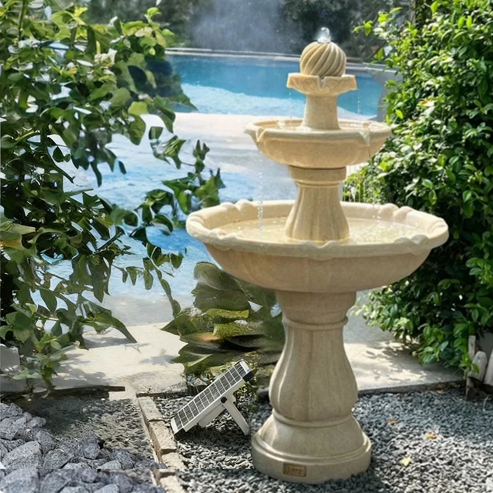 SOLARA Solar-Powered Water Fountain - Resin Fiberglass Sandstone, Waterproof, Durable, Crack-Resistant in Cold Weather - Beige