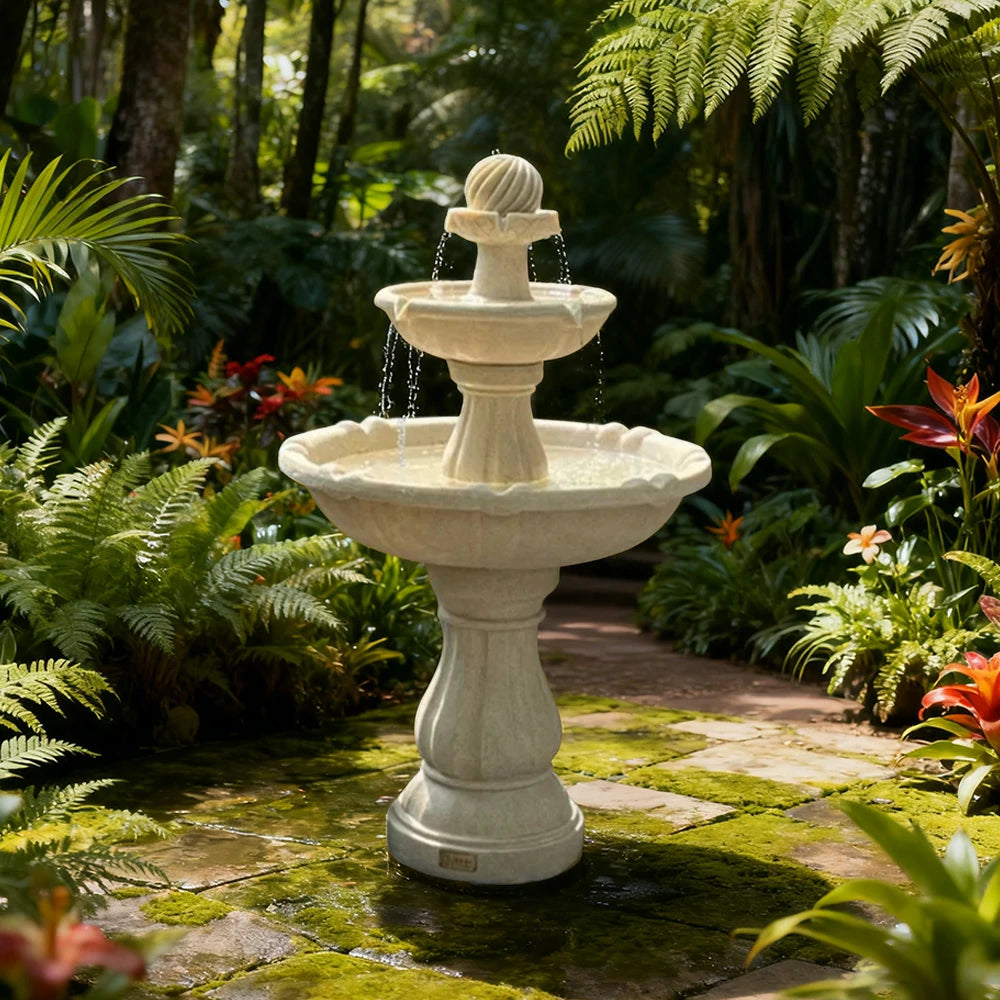 SOLARA Solar-Powered Water Fountain - Resin Fiberglass Sandstone, Waterproof, Durable, Crack-Resistant in Cold Weather - Beige