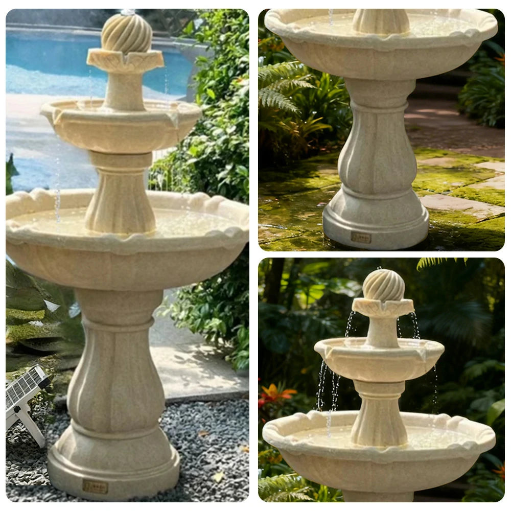 SOLARA Solar-Powered Water Fountain - Resin Fiberglass Sandstone, Waterproof, Durable, Crack-Resistant in Cold Weather - Beige