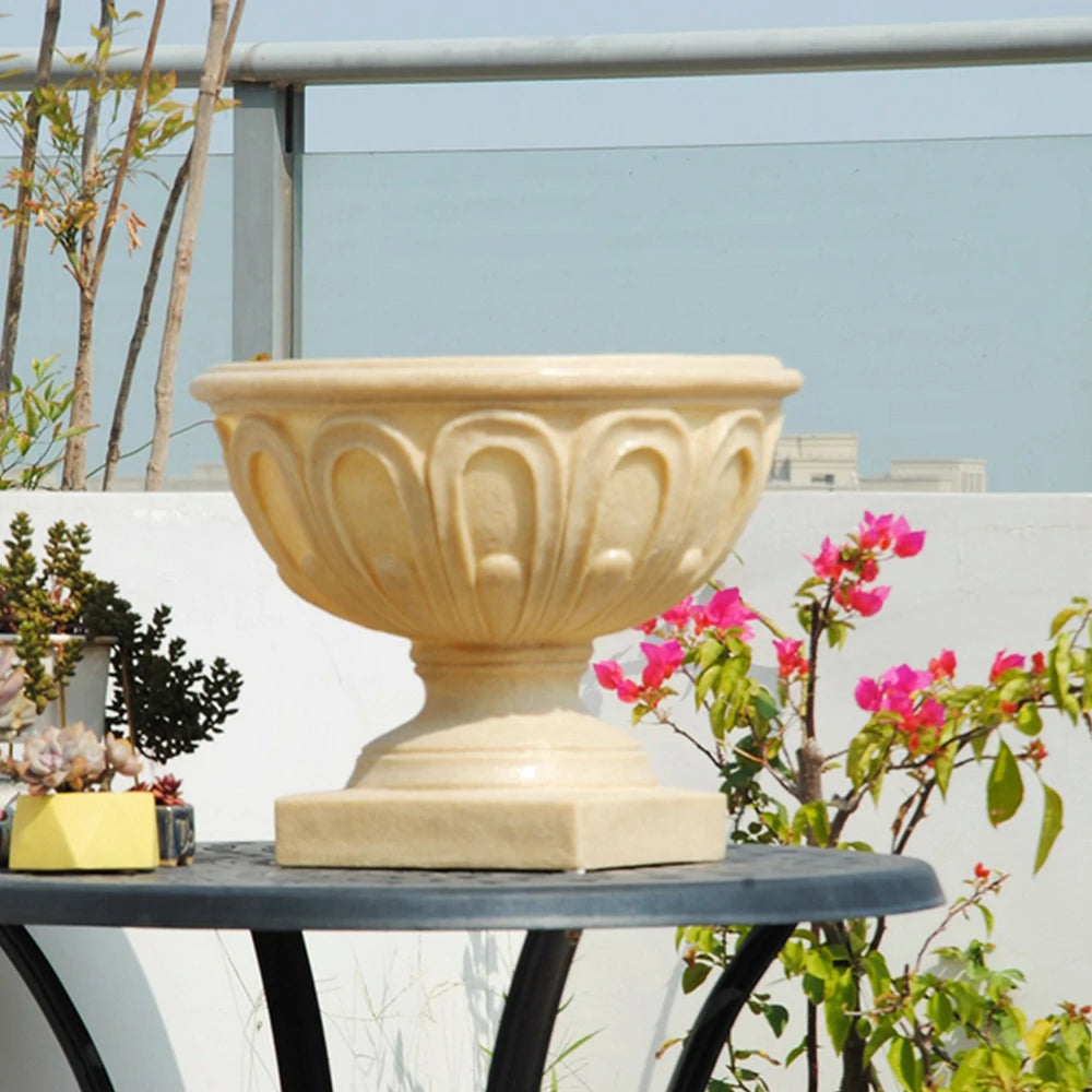 SOLARA Outdoor Pot - Resin Fiberglass Sandstone, UV-Resistant, Waterproof, Durable, Sleek Modern Design - Beige