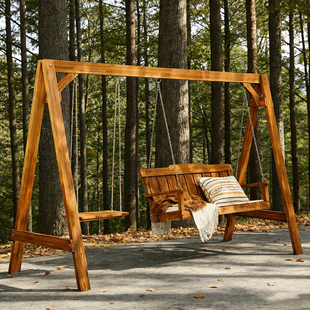 SOLARA Outdoor Swing Chair Heavy-Duty Load Support Solid Wood Frame Stainless Steel Hooks Patio Use - Brown