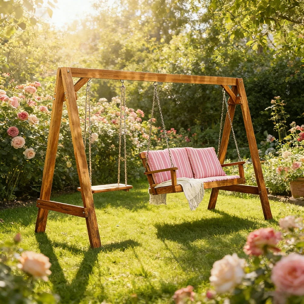 SOLARA Outdoor Swing Chair Heavy-Duty Load Support Solid Wood Frame Stainless Steel Hooks Patio Use - Brown