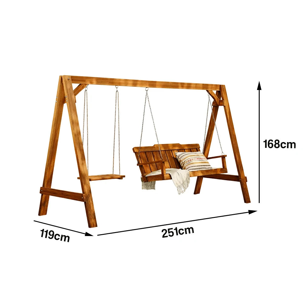 SOLARA Outdoor Swing Chair Heavy-Duty Load Support Solid Wood Frame Stainless Steel Hooks Patio Use - Brown
