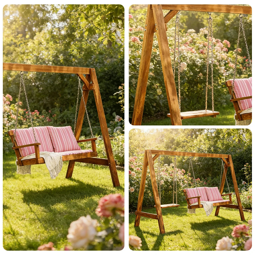 SOLARA Outdoor Swing Chair Heavy-Duty Load Support Solid Wood Frame Stainless Steel Hooks Patio Use - Brown