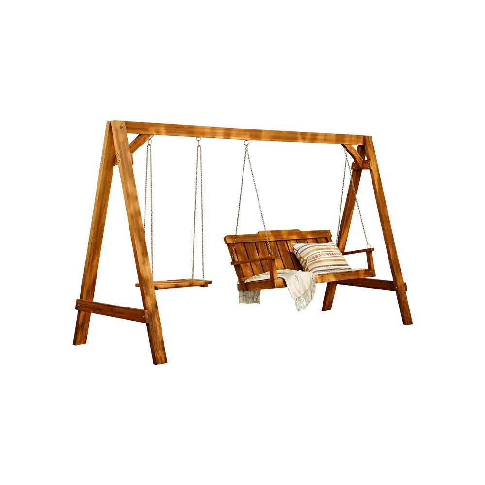 SOLARA Outdoor Swing Chair Heavy-Duty Load Support Solid Wood Frame Stainless Steel Hooks Patio Use - Brown