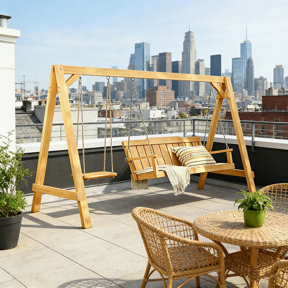 SOLARA Outdoor Swing Chair Heavy-Duty Load Support Solid Wood Frame Stainless Steel Hooks Patio Use - Yellow