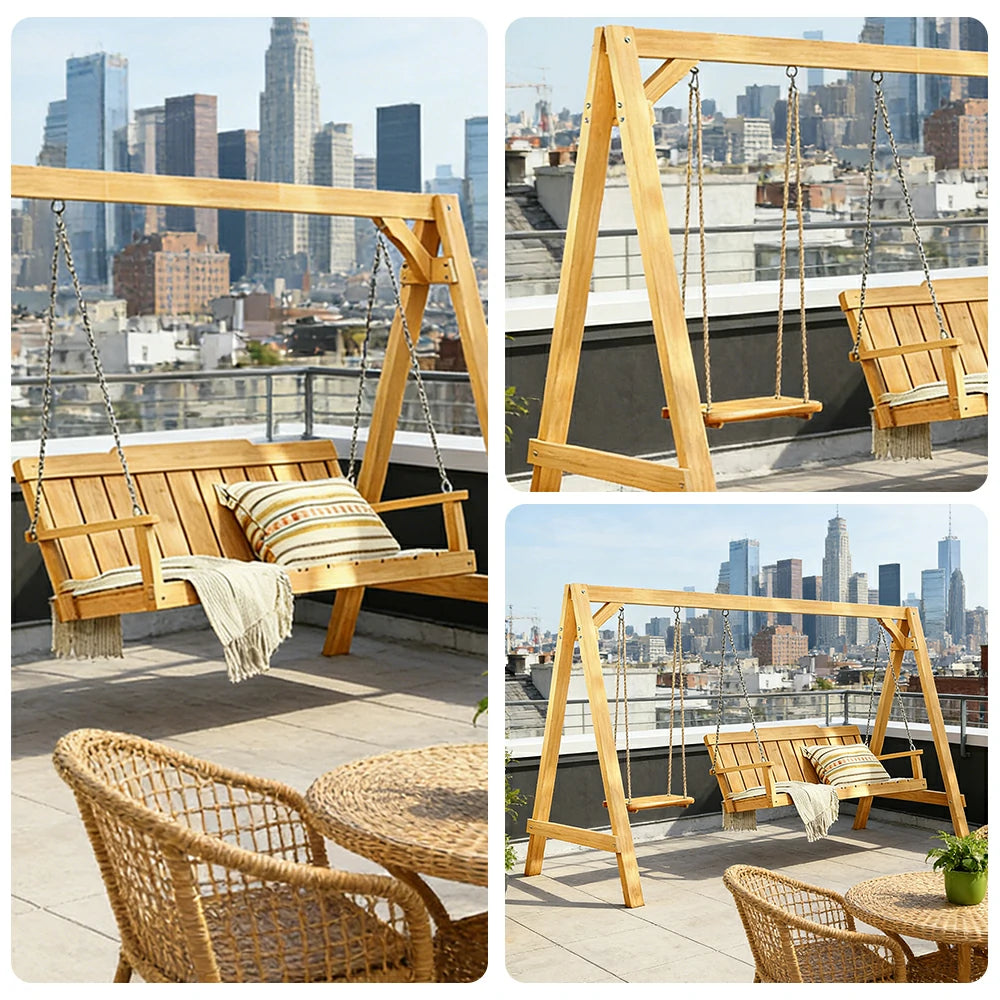 SOLARA Outdoor Swing Chair Heavy-Duty Load Support Solid Wood Frame Stainless Steel Hooks Patio Use - Yellow