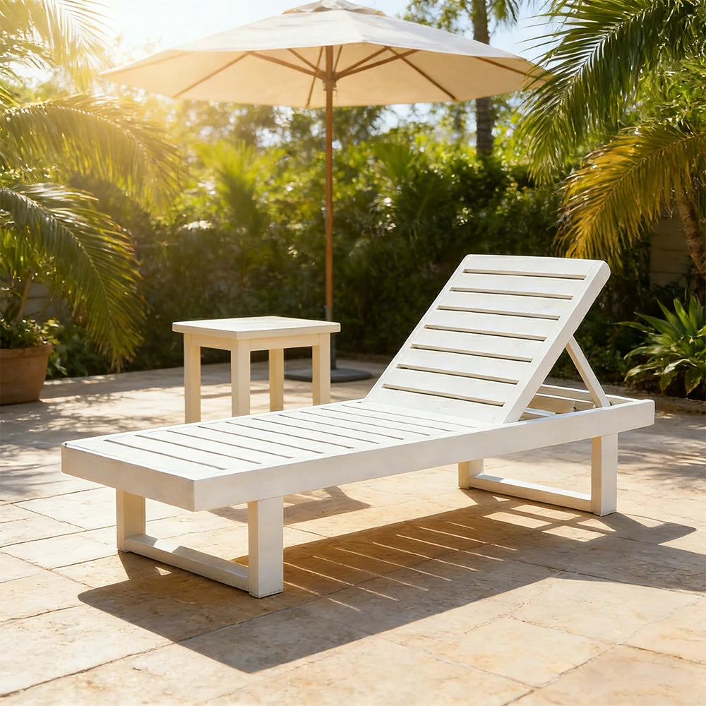 SOLARA Outdoor Reclining Sun Lounger - Multi-Position Adjustable Backrest, Premium Hardwood Construction, Weather-Resistant Finish - White
