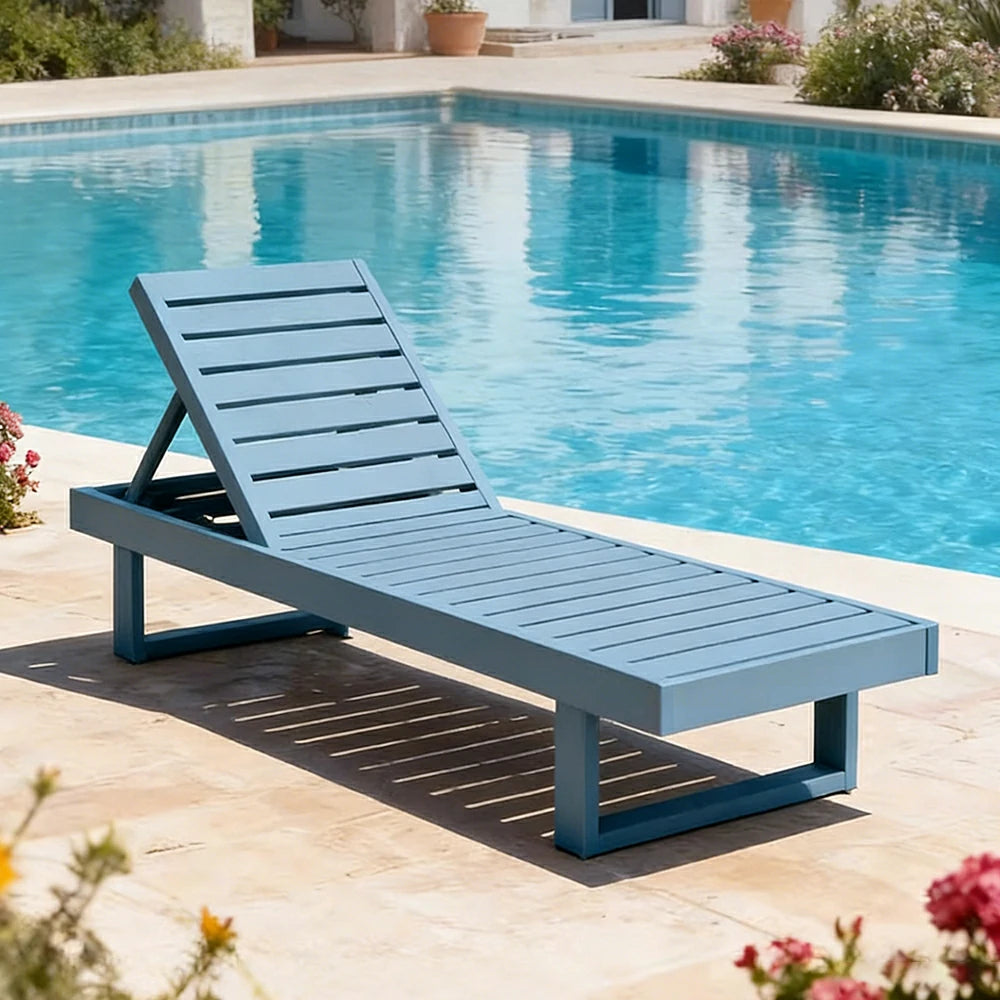 SOLARA Outdoor Reclining Sun Lounger - Multi-Position Adjustable Backrest, Premium Hardwood Construction, Weather-Resistant Finish - Blue