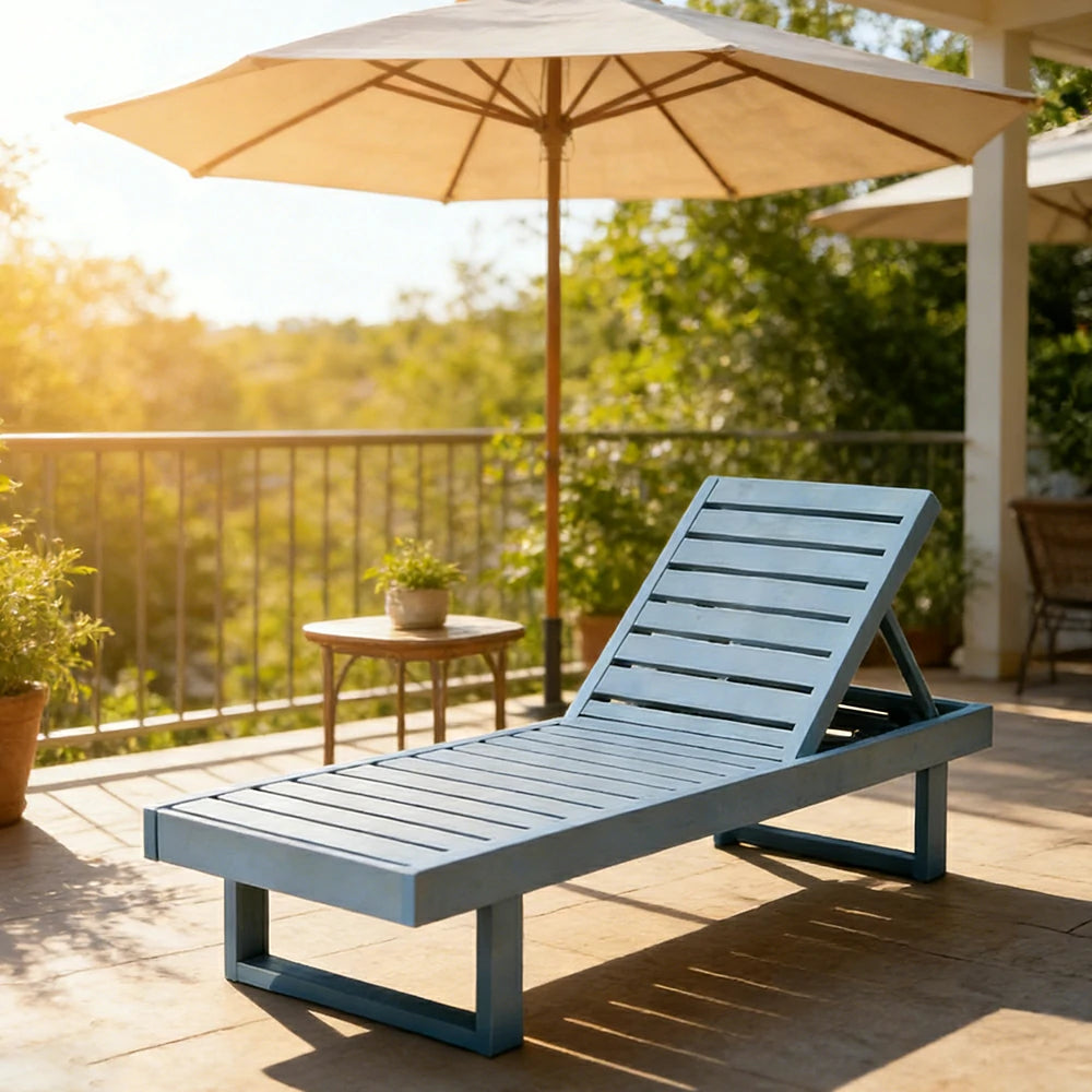 SOLARA Outdoor Reclining Sun Lounger - Multi-Position Adjustable Backrest, Premium Hardwood Construction, Weather-Resistant Finish - Blue
