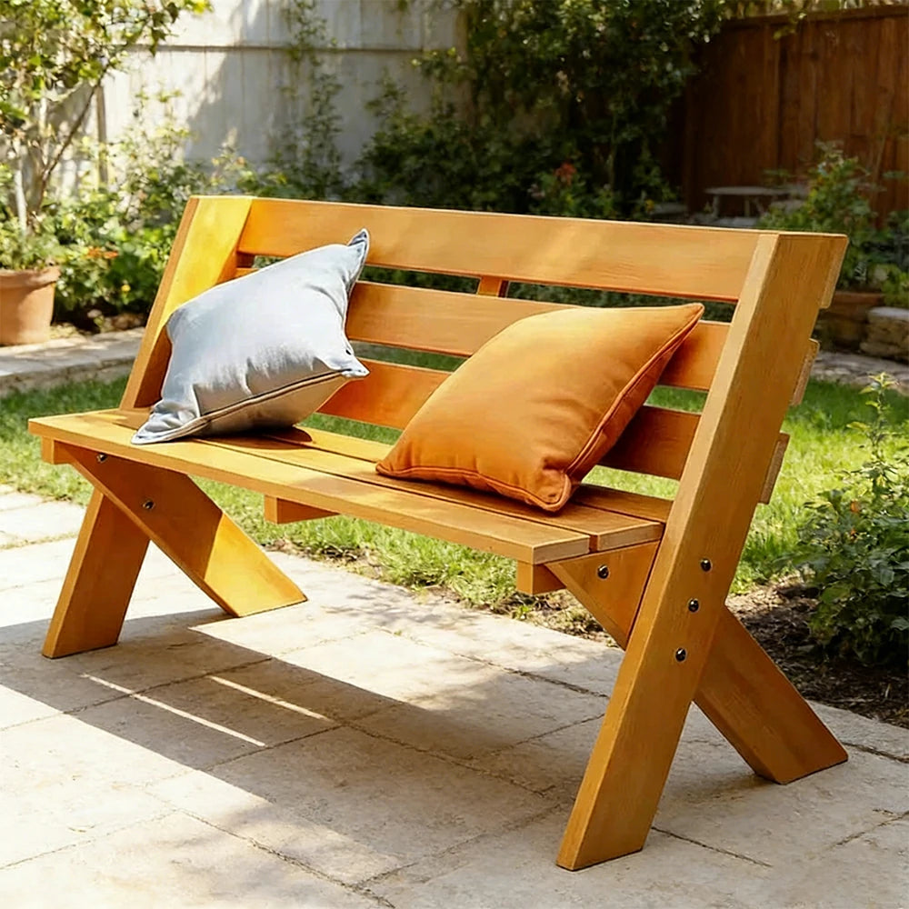 SOLARA 120/150cm Outdoor Two-Seater Bench - Heavy-Duty Solid Hardwood Construction, Reinforced X-Frame Support, Weather-Resistant Finish - Yellow