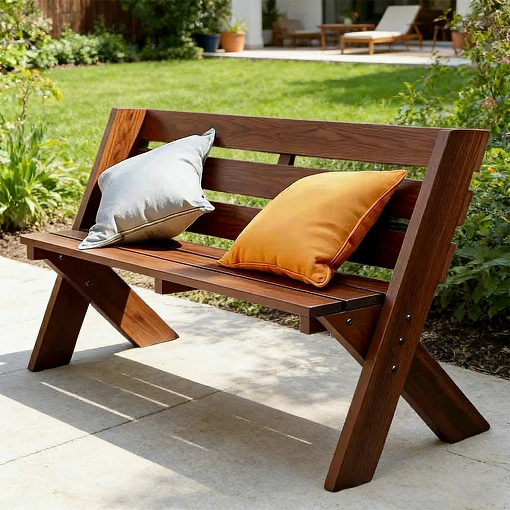 SOLARA 120/150cm Outdoor Two-Seater Bench - Heavy-Duty Solid Hardwood Construction, Reinforced X-Frame Support, Weather-Resistant Finish - Brown