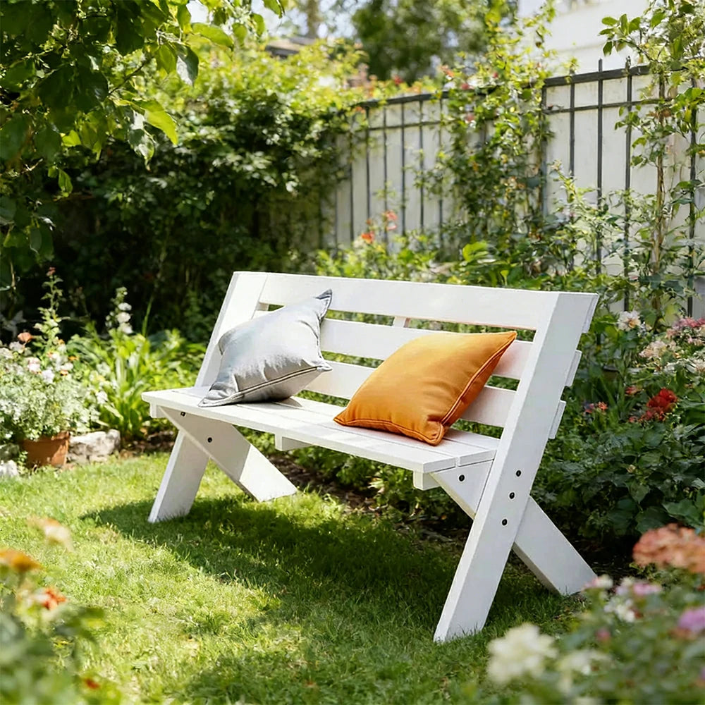 SOLARA 120/150cm Outdoor Two-Seater Bench - Heavy-Duty Solid Hardwood Construction, Reinforced X-Frame Support, Weather-Resistant Finish - White