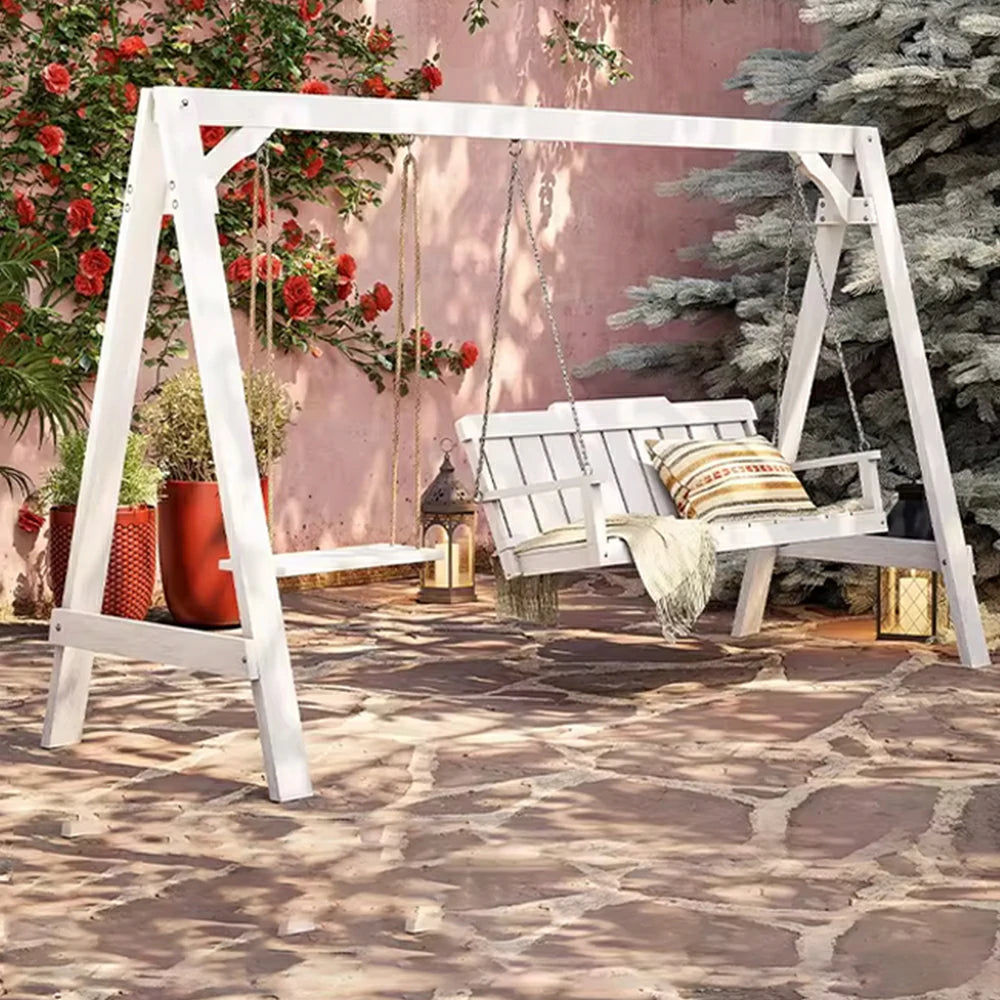 SOLARA Outdoor Swing Chair Heavy-Duty Load Support Solid Wood Frame Stainless Steel Hooks Patio Use - White