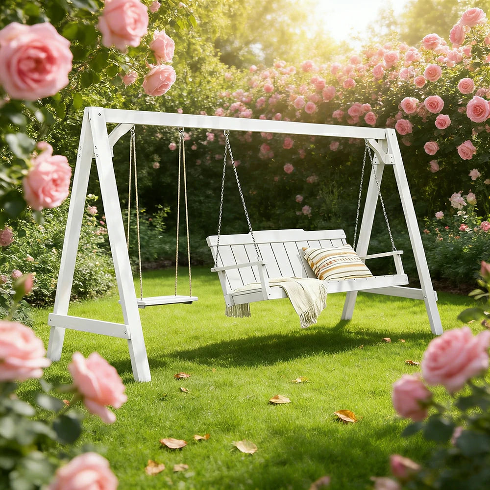SOLARA Outdoor Swing Chair Heavy-Duty Load Support Solid Wood Frame Stainless Steel Hooks Patio Use - White