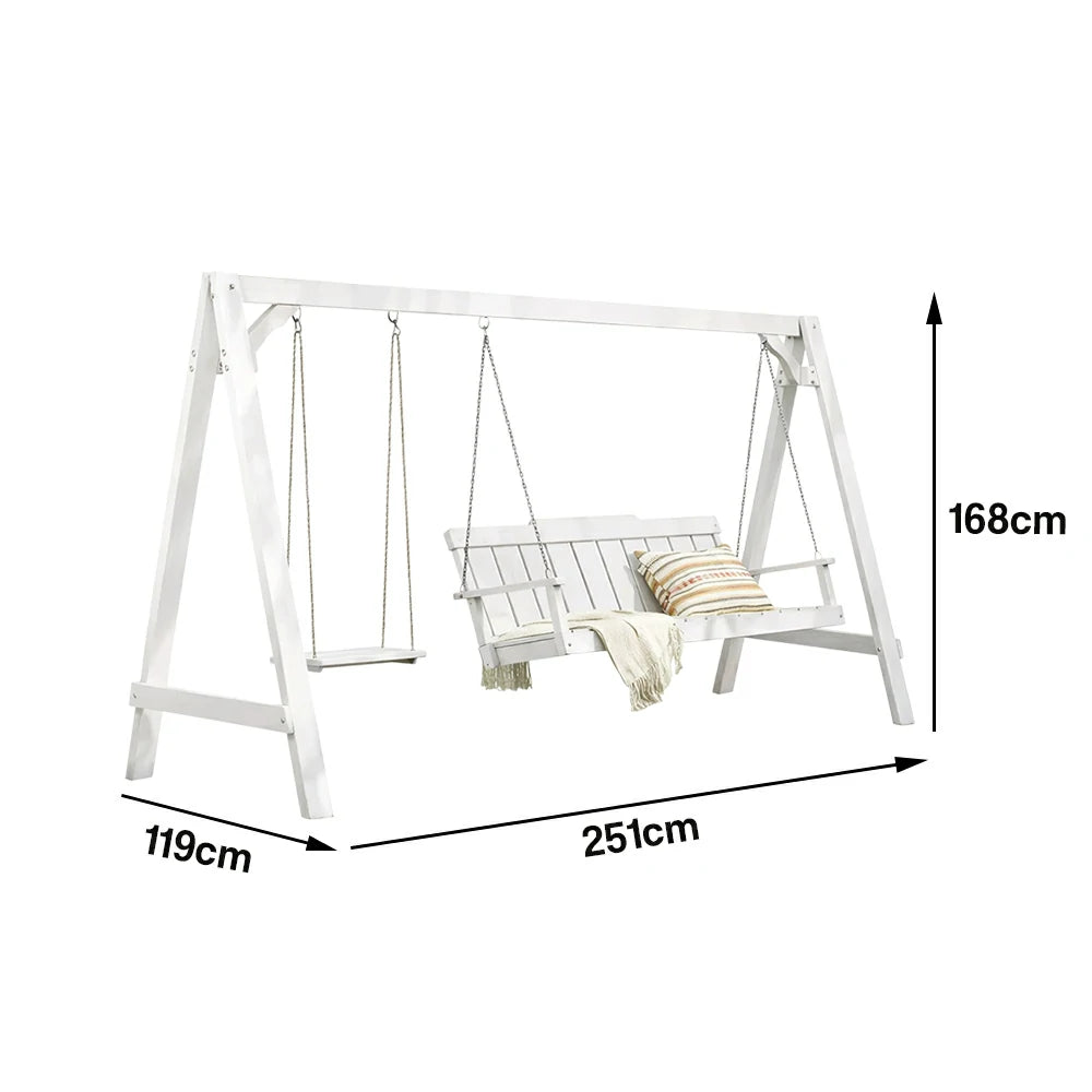 SOLARA Outdoor Swing Chair Heavy-Duty Load Support Solid Wood Frame Stainless Steel Hooks Patio Use - White