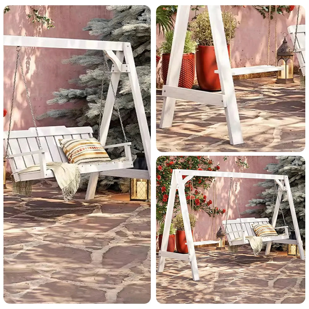 SOLARA Outdoor Swing Chair Heavy-Duty Load Support Solid Wood Frame Stainless Steel Hooks Patio Use - White